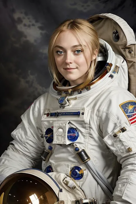 Long blonde hair, Blue eyes, seventeen years old, female, grey space uniform 