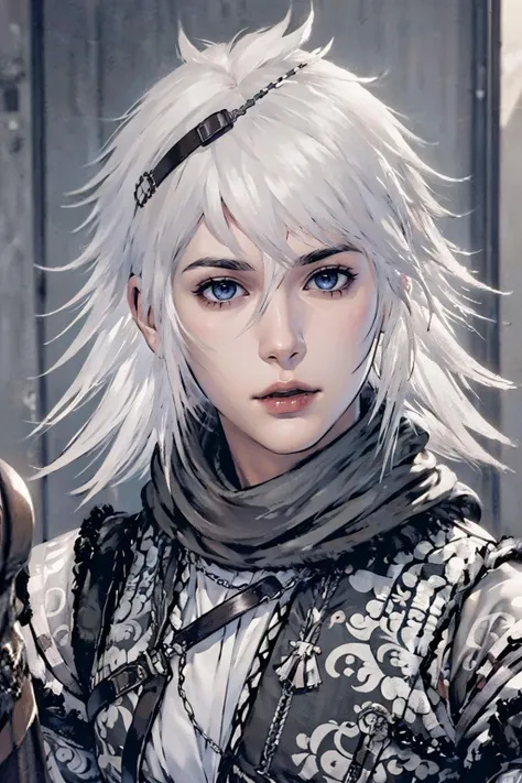 ((masterpiece)), ((best quality)), ((8k wallpaper)), ((high detailed)),1boy, man, portrait, white_hair, looking at viewer, face, beautiful face, handsome, upper body, <lora:nier_brother:0.8>