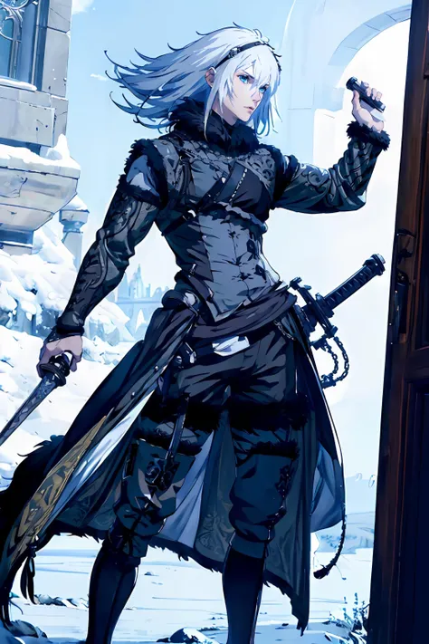((masterpiece)), ((best quality)), ((8k wallpaper)), ((high detailed)),1boy, full body, sword, black fur trim, serious face, white_hair, blue_eyes, <lora:nier_brother:0.8>