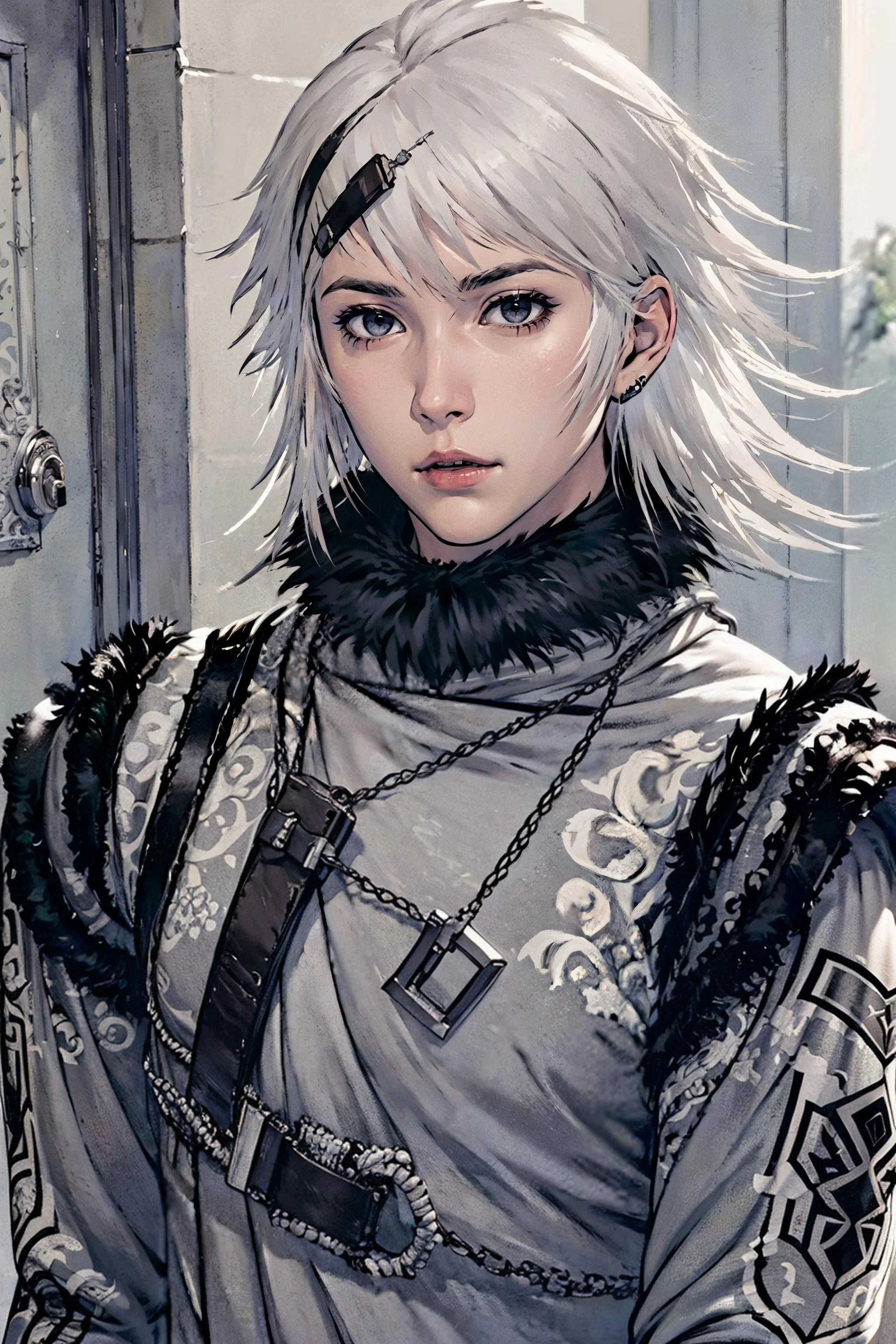 (masterpiece), (best quality), 1boy, man, portrait, upper body, white_hair, grey_eyes, looking at viewer, front, serious expression, <lora:nier_brother:0.7>
