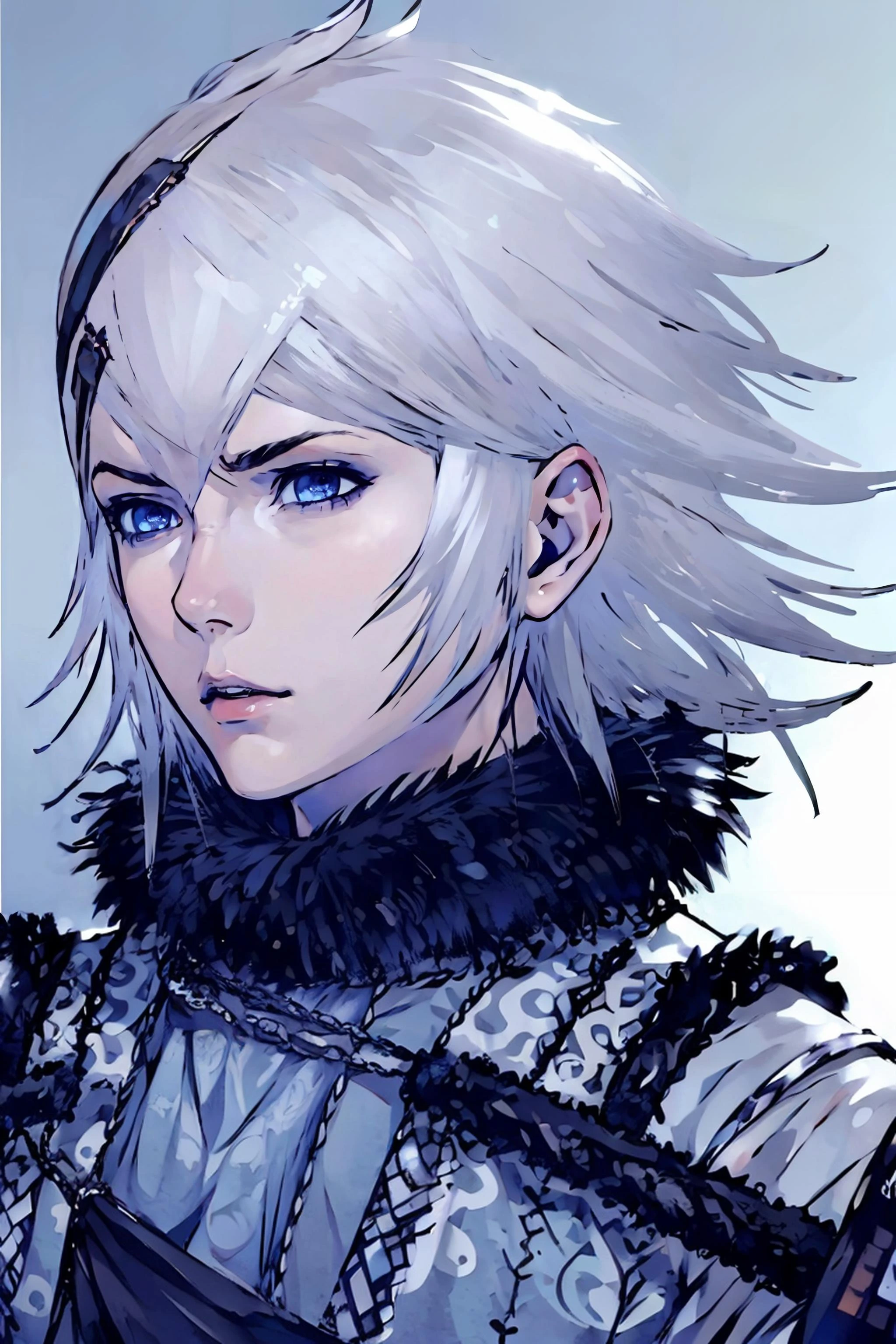 ((masterpiece)), ((best quality)), ((8k wallpaper)), ((high detailed)),1boy, portrait, serious face, white_hair, blue_eyes, <lora:nier_brother:0.8>