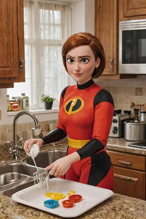 <lora:HelenParrXL:0.8> helenparr in the kitchen doing dishes, 1woman