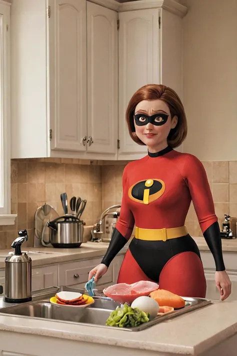 <lora:HelenParrXL:0.8> helenparr in the kitchen doing dishes, 1woman