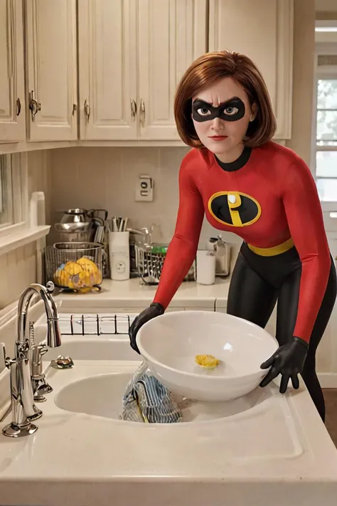 <lora:HelenParrXL:0.8> helenparr in the kitchen doing dishes, 1woman