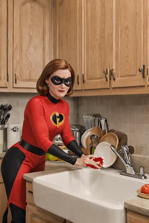 <lora:HelenParrXL:0.8> helenparr in the kitchen doing dishes, 1woman