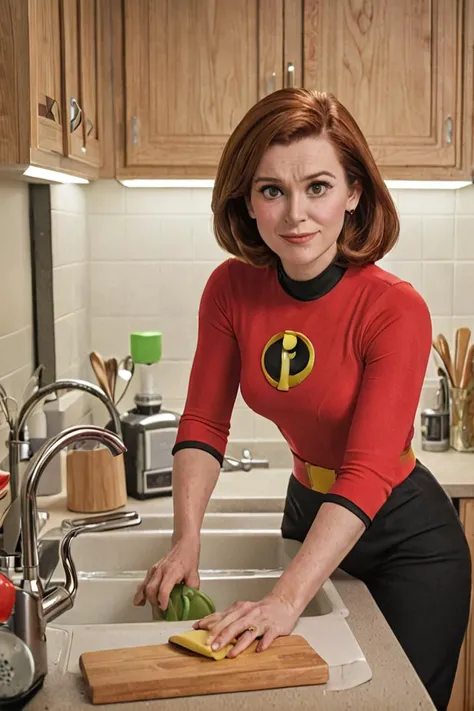 <lora:HelenParrXL:0.8> helenparr in the kitchen doing dishes, 1woman