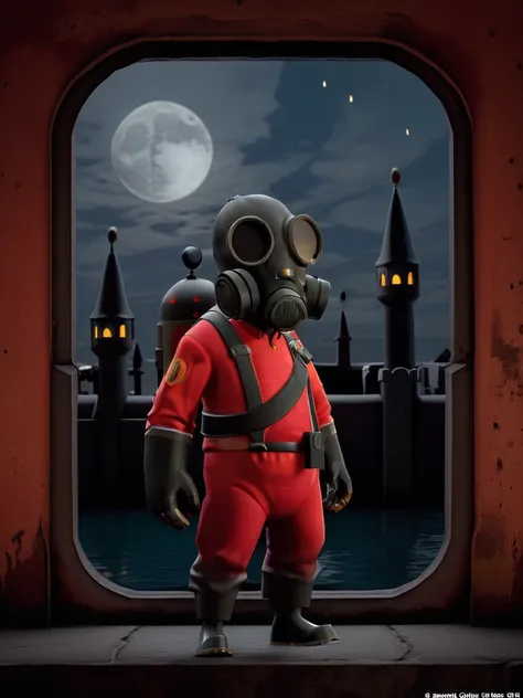 award winning photo, in the (dark:1.3), (deep shadow:1.3), creepy, scary, best quality, highres, 1boy, solo, tf2pyro, redteam, red jacket, gas mask, (in a gothic castle), ((moonlight)), light particles, intricate details, window in the background, dynamic angle, slight smile, (night:1.4), <lora:tf2pyroloraXL:1> <lora:nedo2:0.8>