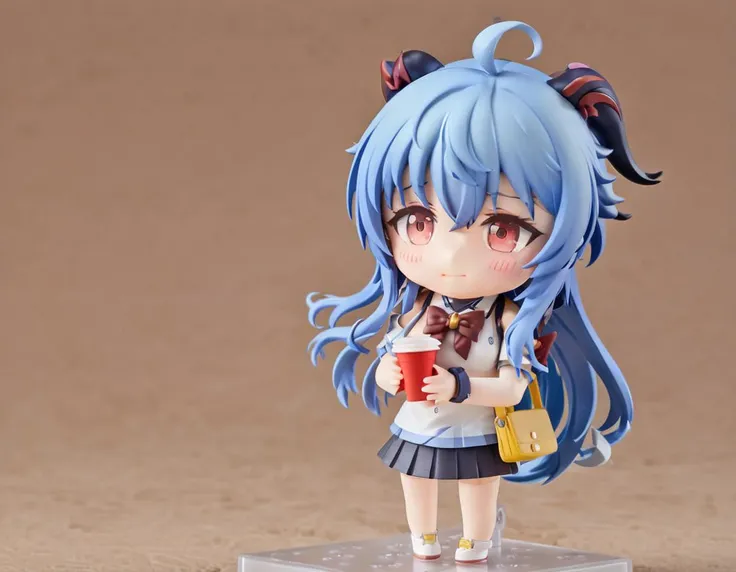 <lora:ganyu:0.85>,1girl,solo,ganyu_(genshin_impact\),skirt,blue_hair,horns,long_hair,drinking_straw,bangs,ahoge,chibi,white_footwear,bell,hair_between_eyes,black_skirt,holding,pleated_skirt,red_eyes,cup,white_shirt,shirt,standing,full_body,very_long_hair,drinking,short_sleeves,holding_cup,bag,disposable_cup,blush,brown_background,bow,shoulder_bag,shoes,, <lora:nedo2:0.75>