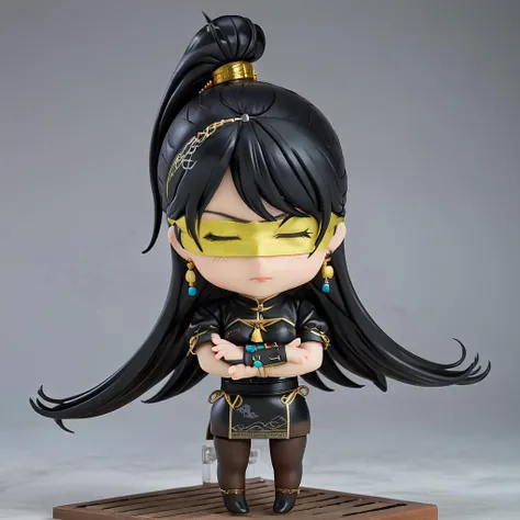 <lora:./N:0.8>,yanshangyue_ninghongye,1girl,solo,yellow blindfold,black pantyhose,long hair,jewelry,black hair,short sleeves,looking at viewer,Best quality,masterpiece,ultra high res,(photorealistic:1.4),,<lora:nedo2:0.9>