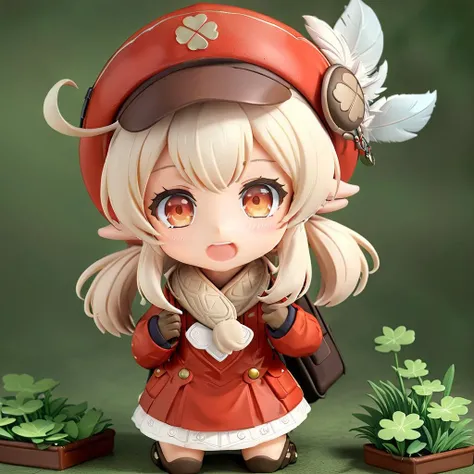 ultra-detailed,(best quality),((masterpiece)),(highres),original,extremely detailed 8K wallpaper,(an extremely delicate and beautiful),best_hand,anime,<lora:Kleex_xl:1>,(\ke li\),Four leaf grass printing,1girl, solo, looking at viewer,gloves, bangs, long sleeves, low twintails,scarf, sidelocks, brown gloves, hat feather, backpack, open mouth, red headwear, (campus uniform:1.4),sitting,(pleated skirt:1.3),<lora:nedo2:0.8>