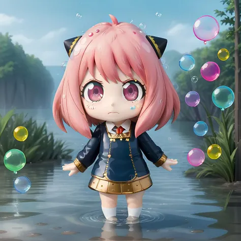 4k,a cute girl standing in water,lake,grassland,shining,surrounded by colorful bubbles,colorful,water splashing,detailed anime style,pink hair,school uniform,anya \(spy x family\),<lora:anya (spy x family):1>, <lora:nedo2:0.75>