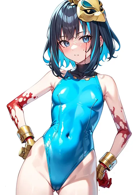 masterpiece, best quality, high resolution,
1girl, solo, blue leotard, highleg, covered navel, white background, leotard, looking at viewer, blood, , simple background, jewelry, small , highleg leotard,  visible through thighs, mask, hand on hip, bodypaint, blood on face, blue one-piece swimsuit, one-piece swimsuit, short hair, cosplay, cowboy shot
<lora:FGOTenochtitlan:0.8>