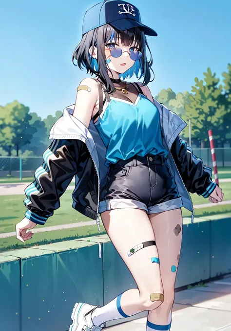 masterpiece, best quality, high resolution,
1girl, hat, socks, bandaid, jacket, baseball cap, shoes, shorts, glasses, looking at viewer, shirt, sneakers, white shorts, standing on one leg, open clothes, long sleeves, leg up, white headwear, bandaid on leg, standing, kneehighs, solo, blue socks, bandaid on face, short hair, blue shirt, white footwear, denim, open jacket, closed mouth, short shorts, sleeves past wrists, sidelocks, 
<lora:FGOTenochtitlan:0.8>