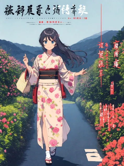 masterpiece, best quality, 1girl, solo, long_hair, looking_at_viewer, smile, blue_eyes, black_hair, hair_ornament, standing, full_body, outdoors, japanese_clothes, sky, day, hairclip, kimono, bag, sash, obi, floral_print, sandals, new_year, tabi, red_kimono, rabbit_hair_ornament, <lora:sakurajimamai:1>, <lora:ligneClaireStyleCogecha_v10:1>