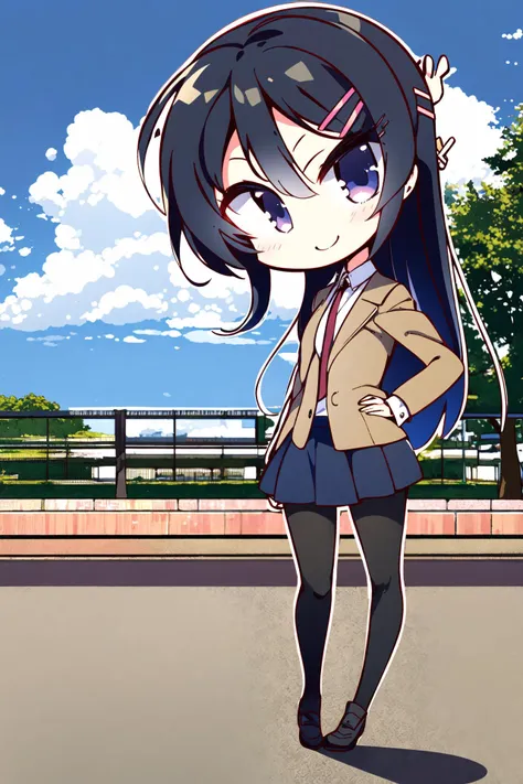 masterpiece, best quality, 1girl, solo, long_hair, looking_at_viewer, smile, skirt, shirt, black_hair, hair_ornament, school_uniform, purple_eyes, jacket, full_body, pantyhose, pleated_skirt, outdoors, necktie, sky, shoes, day, hairclip, cloud, blue_sky, black_pantyhose, cover, blazer, red_necktie, hands_on_hips, brown_jacket, <lora:sakurajimamai:1>, chibi, <lora:yuzusoft-chibiV2:0.8>