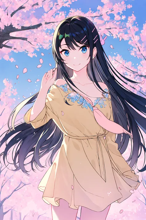 masterpiece, best quality, 1girl, solo, long_hair, looking_at_viewer, smile, bangs, blue_eyes, black_hair, hair_ornament, long_sleeves, dress, closed_mouth, collarbone, jacket, outdoors, open_clothes, sky, day, hairclip, tree, blue_sky, petals, cherry_blossoms, yellow_dress, rabbit_hair_ornament, <lora:sakurajimamai:1>, <lora:atdanStyleLora_lk:1>, atdan