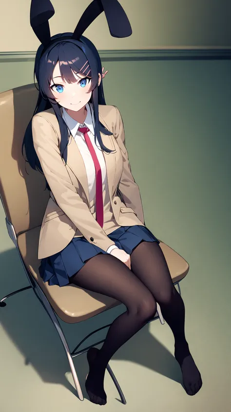 masterpiece, best quality, 1girl, solo, long_hair, looking_at_viewer, smile, blue_eyes, skirt, shirt, black_hair, hair_ornament, animal_ears, sitting, school_uniform, jacket, white_shirt, pantyhose, pleated_skirt, necktie, hairclip, rabbit_ears, blue_skirt, black_pantyhose, fake_animal_ears, chair, red_necktie, <lora:sakurajimamai:1>