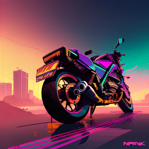 (nvinkpunk:1.2) snthwve style motorcyle, lightwave, sunset, intricate, highly detailed
