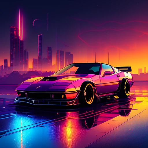 (nvinkpunk:1.2) (snthwve style:0.8) corvette, lightwave, sunset, intricate, highly detailed