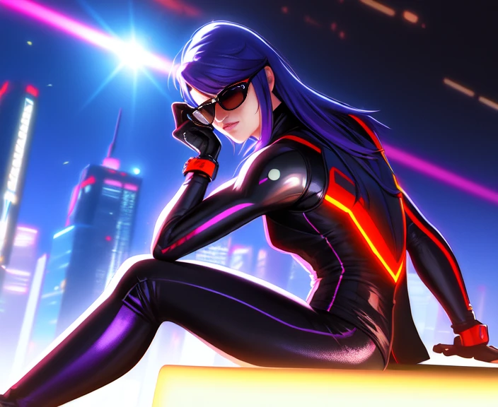 masterpiece, best quality, cyberpunk, sci-fi, flat chest,androgynous, cybernetic gloves and legs, holographic tank top, realistic, microchip scaled bodysuit,
muscular, sunglasses, perfect teen face, mohawk,
art by greg rutkowski and ilya kuvshinov,
lens flare, fisheye, panorama of neon cyberpunk city background, skyscraper rooftop,
