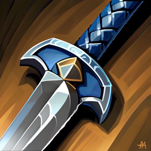 sword with blue handle and ornate bronze crossguard, black background, stylized game icon, by greg manchess, trending on artstation