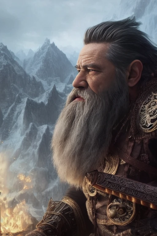 8k rendering, realistic digital painting of a rpg dwarf warrior, ice mountain, intricate details, fantasy universe, intricate magical embroidery, very detail hair, very detail eyes, intense face, [elden ring|d & d] concept art, rpg portrait, octane render, cinematic lighting, (soft shadow:1.2), depth of field, splash art, art by wlop and greg rutkowski