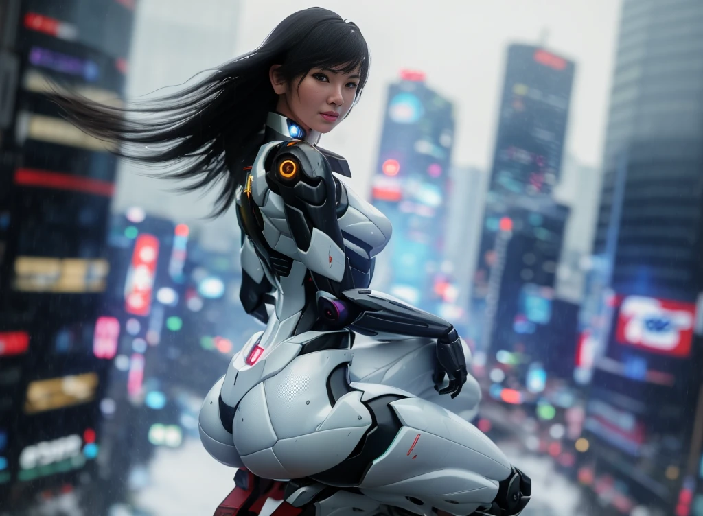 a 3d render of Standing pose of a japanese cyberpunk mecha musume flowing hair squatting from above, tokyo city scene, snow falling, wet skin serious look, full lips, specular lighting, hdr, masterpiece, 8K, global illumination, bokeh, sun rays, city background, year 3024