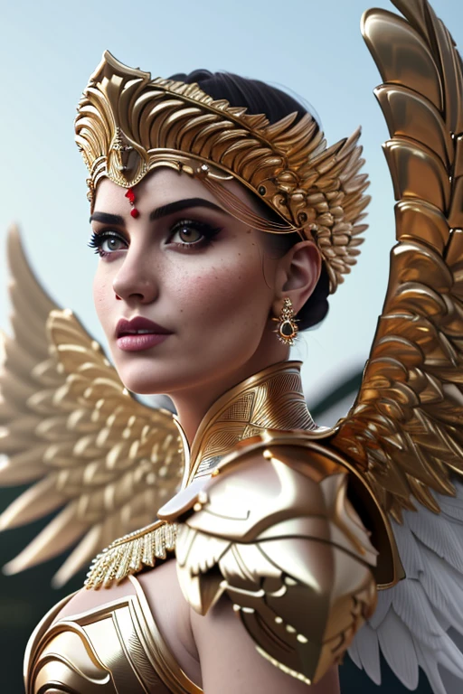 A 3d render of epic portrait close shot of beautiful turkish woman wearing with angelic feathered wings, gold armour, neckline, fine - art photography, epic cinematic portrait highly detailed, 8K, stunning, hdr, subsurface scattering, global illumination, film still, backlit Film-like, bokeh, 3d,