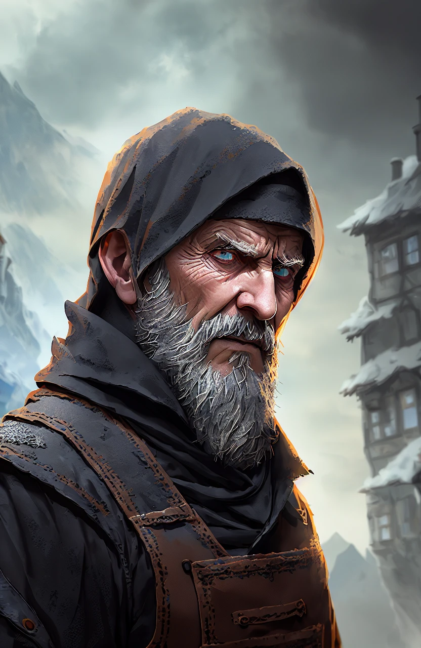 Style by Style-Castle, Style-Winter, award winning portrait photo of an older male medieval peasant, (angry expression:1.2), sinister, evil, (backlighting:1.3), digital painting, concept art, smooth, sharp focus, rule of thirds, dark fantasy,intricate details, art by aleksi briclot, medium shot, (shallow depth of field:1.3) Style by Style-Castle background,