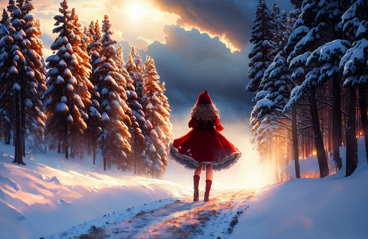 award winning nsfw erotic upper body portrait of a ((red riding hood)) wearing ((torn clothes)), Style-Winter, Style-Winter, (blood), with Ombre golden hairstyle with head in motion with hair billowing hair, (wind), standfing ((in a pine forest)), ((under trees)), storm with ((dark storm clouds)) and ((blowing leaves)), fluffy clouds in the sky, (paint splashes:1.3), (splatter:1.2), outrun, vaporware, shaded flat illustration, digital art, trending on artstation, highly detailed, fine detail, intricate, ((lens flare)), (backlighting), (bloom), Style-Winter background