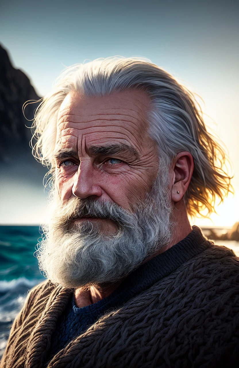 award winning portrait photo of an older male medieval grizzled sailor in a knitted sweater with wrinkles on face, ocean, waves, mountain cliffside with breaking waves, stormy, sinister, evil, (backlighting:1.3), digital painting, concept art, smooth, sharp focus, rule of thirds, dark fantasy,intricate details, medium shot