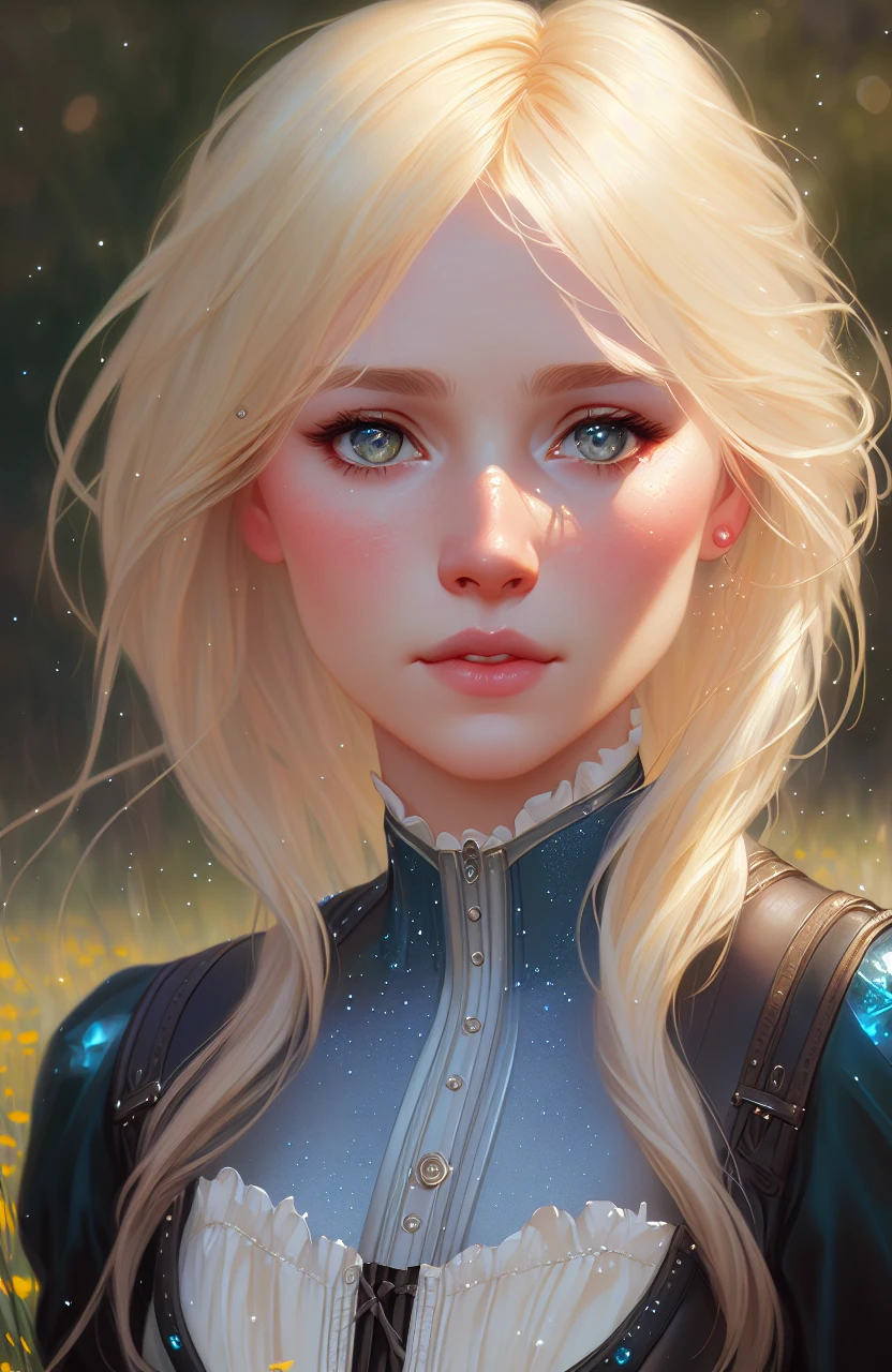 closeup portrait of a cute blonde Elsa in a bright windy field, (backlighting), realistic, masterpiece, highest quality, ((corset)), ((embarrassed)),  puddle, lens flare, shade, bloom, ((light sparkles)), [chromatic aberration], by Jeremy Lipking, by Antonio J. Manzanedo, by (Alphonse Mucha), digital painting