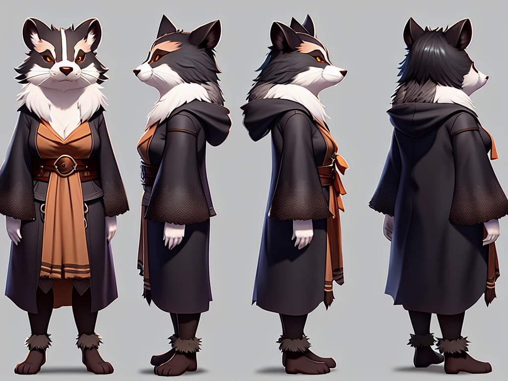 highly detailed Full body Character turnaround of a evil badger mage. front, side, back, multiple views of the same character. charturner. Subsurface scattering, rimlight, pouches and herbs. Highly detailed soft clumpy fur, art by smoose2
