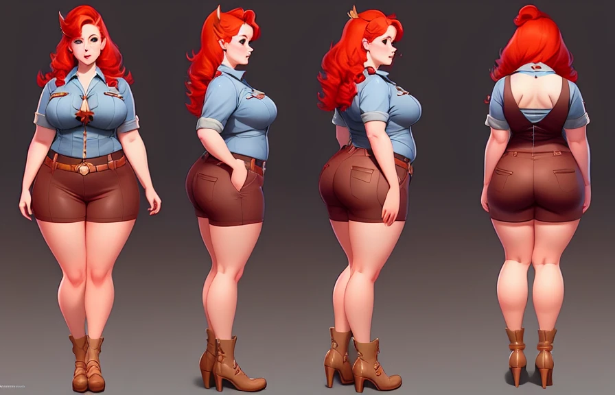 a character turnaround of a curvy redheaded pinup girl(Hildai17:0.8). Subsurface scattering, rimlight, (charturner:1)., art by smoose2