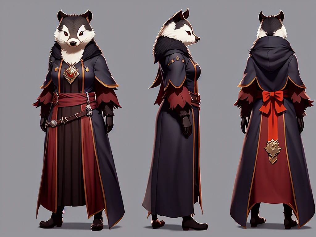Full body Character turnaround of a evil badger mage. front, side, back, multiple views of the same character. charturner, art by smoose2