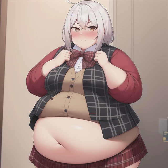 1girl, fat, ahoge, blush, checkered, checkered_shirt, closed_eyes, english_text, full-face_blush, nose_blush, plaid, plaid_bikini, plaid_bow, plaid_dress, plaid_jacket, plaid_panties, plaid_scarf, plaid_shirt, plaid_skirt, plaid_vest, red_shirt, shirt, solo, unmoving_pattern, white_hair