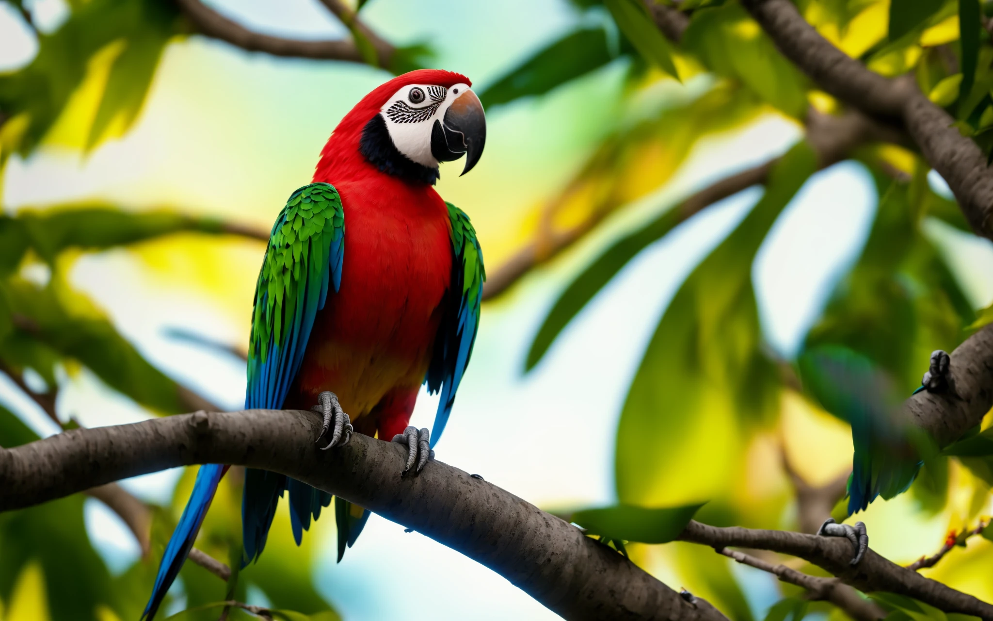 A 3D render of a majestic photograph of a colorful parrot perched on a branch , green during fall at night, bright, digital SLR, wide-angle, UV, HDR.