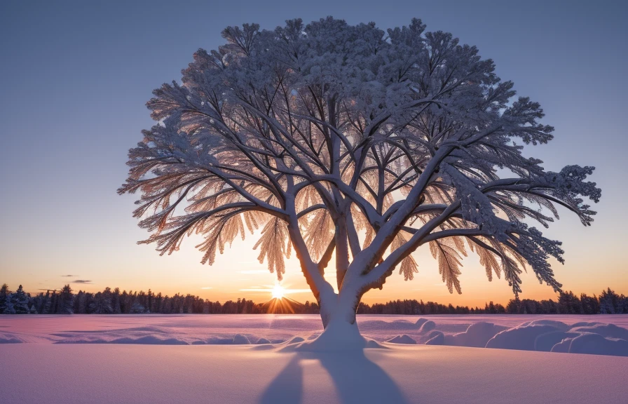A 3D render of a stunning photograph of a glistening ice-covered tree in a winter forest , sepia during winter at sunset, dawn, film, prime, neutral density, clarity enhancement.