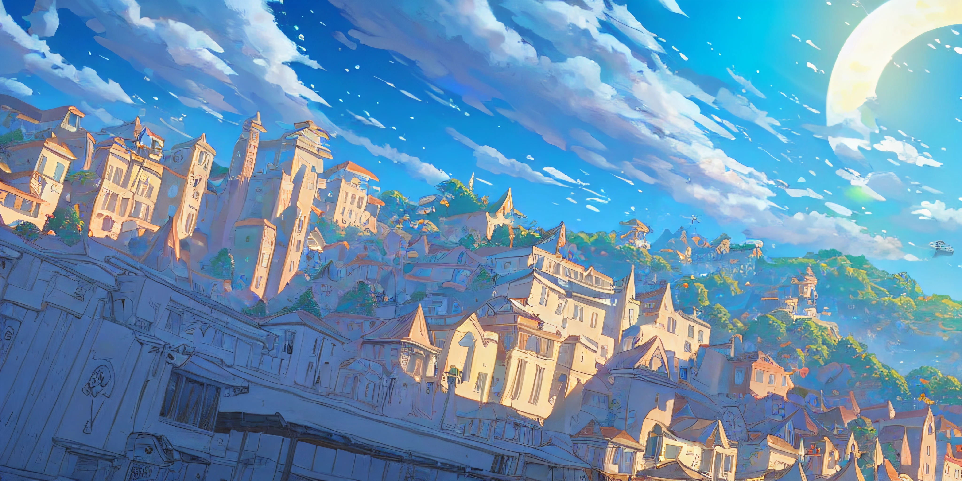 masterpiece, 1boy, a beautiful ocean sunset town in the style of DBfantasyart style