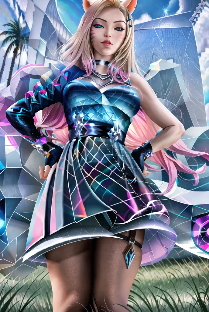 by jeremy mann, by sandra chevrier, by dave mckean and richard avedon and maciej kuciara, high detailed, 8k, highres, cowboy shot, (((k/da all out ahri))), ahri \(league of legends\), league of legends, official art, 1girl, k/da (league of legends), animal ears, solo, fox ears, long hair, blonde hair, hand on hip, blue eyes, idol, official alternate costume, facial mark, looking at viewer, gloves, pink hair, fingerless gloves, whisker markings, breasts, makeup, lips, skirt, hair ornament, ((field)), grass, blurry background