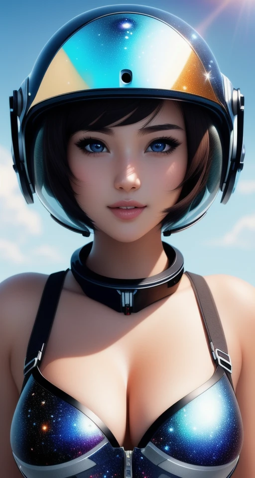 masterpiece, best quality, Half body portrait, 1girl, anime, 3D, pixar, realistic, girl, smiling, cute face, short hair, (astronaut helmet), starry universe background, ((true light)), super hero style, bodysuit, pin-up, beautiful, sexy, colourful, nsfw, smooth skin, illustration, artstation, (painting by stanley artgerm lau), sideways glance, foreshortening, (extremely detailed 8K), smooth, ((high resolution)), (ultra quality), ((highly detail eyes)), highly detail mouth, highly detailed face, (perfect eyes), {both eyes are the same}, glare, Iridescent, Global illumination, real hair movement, real light, real shadow, real face, hd, (2k), ((4k)), (((8k))), ((((16k))))
