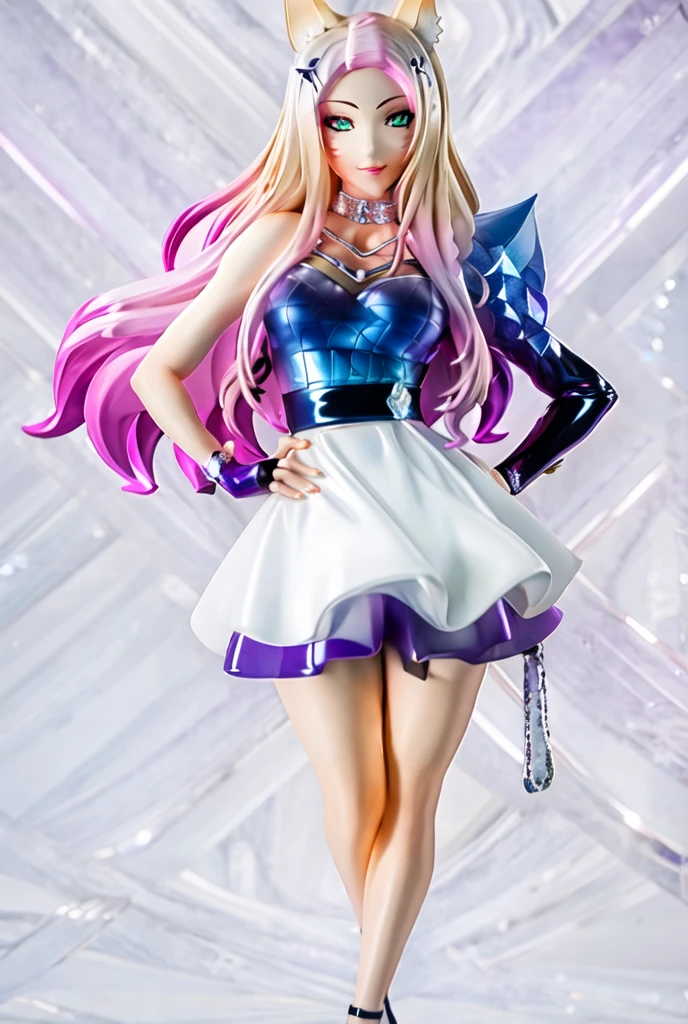 pvc, (((k/da all out ahri))), ahri \(league of legends\), league of legends, official art, 1girl, k/da (league of legends), animal ears, solo, fox ears, long hair, blonde hair, hand on hip, blue eyes, idol, official alternate costume, facial mark, looking at viewer, gloves, pink hair, fingerless gloves, whisker markings, breasts, makeup, lips, skirt, hair ornament, ((field)), white background, simple background