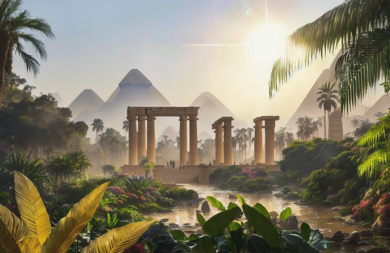 Style-Hamunaptra, epic mountain and river Nile background, award winning portrait photo, dense jungle in background, ((Egyptian Temple)), large jungle bush in foreground, sunny, jungle plants in background, (backlighting:1.2), bloom, (light sparkles:1.2), chromatic aberration, (lens flare:1.2), sharp focus,jungle plants in background, (backlighting:1.2), bloom, chromatic aberration, (lens flare:1.2), sharp focus, majestic oil painting by Ed Blinkey, Atey Ghailan, Studio Ghibli, by Jeremy Mann, Greg Manchess, Antonio Moro, trending on ArtStation, trending on CGSociety, Intricate, High Detail, Sharp focus, dramatic, photorealistic painting art by midjourney and greg rutkowski