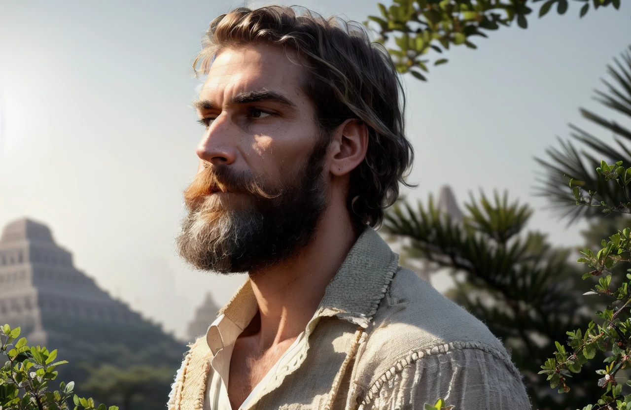 Style-Jumanji, Style-Empire, Style-Hamunaptra, epic mountain and coastline background, award winning portrait photo of a rugged male (ancient egyptian man:1.2),sweat, dense jungle in background, sweaty, face flushed, large jungle bush in foreground, sunny, jungle plants in background, shiny skin, (backlighting:1.2), bloom, (light sparkles:1.2), chromatic aberration, (lens flare:1.2), sharp focus