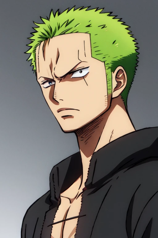 1boy, wanostyle, roronoa_zoro, angry looking, katana, looking_at_viewer, lefteye is closed, solo, upper_body, (((masterpiece))), ((best quality)), (extremely detailed), watercolor, illustration, depth of field, sketch, dark intense shadows, sharp focus, soft lighting, hdr, colorful, good composition, purple fire all around, spectacular, green_hair, scar one left eye