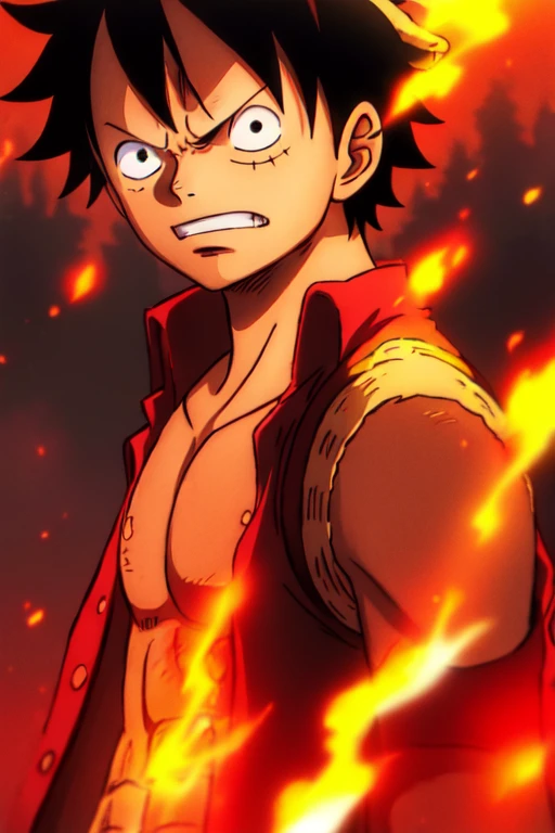 1boy, wanostyle, monkey_d_luffy, angry looking, straw_hat, looking_at_viewer, solo, upper_body, (((masterpiece))), ((best quality)), (extremely detailed), watercolor, illustration, depth of field, sketch, dark intense shadows, sharp focus, soft lighting, hdr, colorful, good composition, fire all around, spectacular