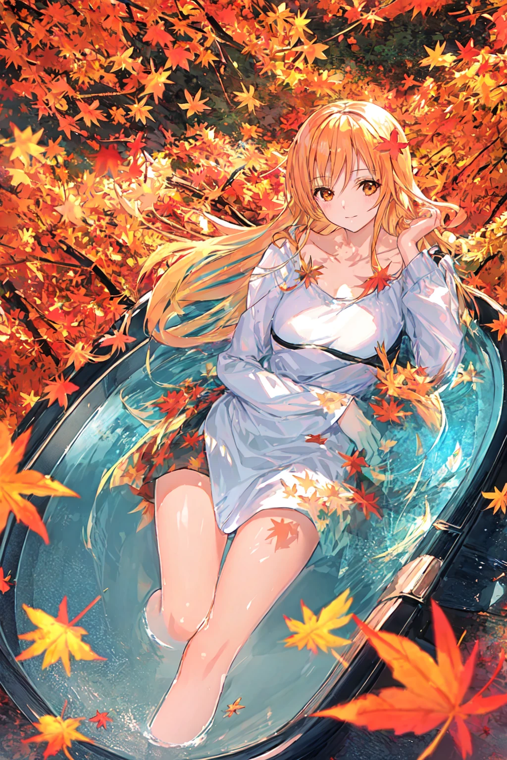 mksks style, nami, (very detailed background:1.0), (highly detailed background:1.0), masterpiece, best quality, (1girl, solo, girl:1.2), (disdain, hair over eyes, long hair, lying on water, bath tub, bathtub, (in autumn:1.3401), maple tree, falling leaves, (fluttering leaves:1.21551),:1.2), chromatic aberration, depth of field, soft lighting