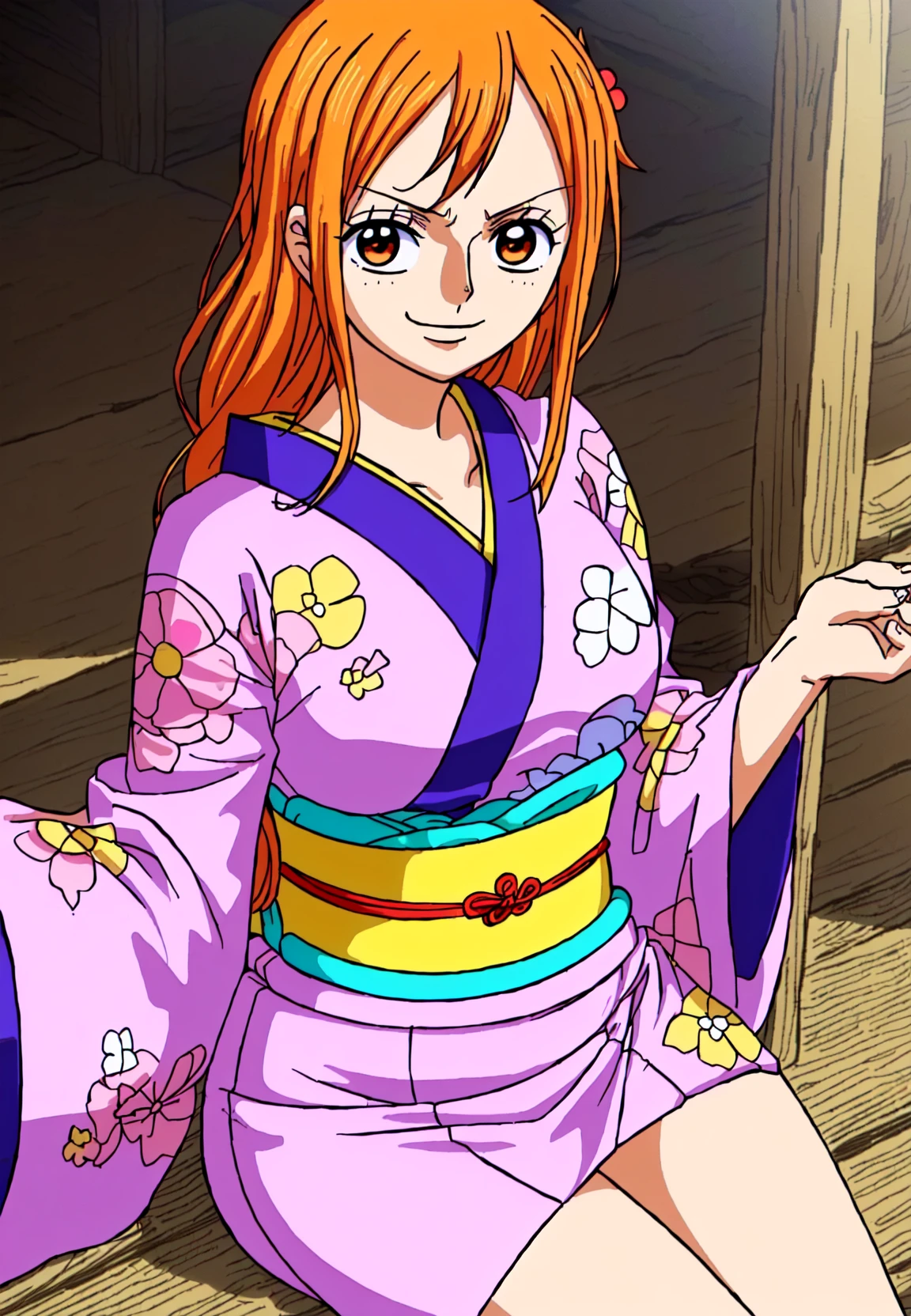1girl, wanostyle, nami, ((masterpiece)), ((best quality)), extremely detailed, bloom, illustration, kimono, traditional_clothing, depth of field, sweet smile, dark intense shadows, sharp focus, soft lighting, hdr, colorful, good composition, solo, anime style