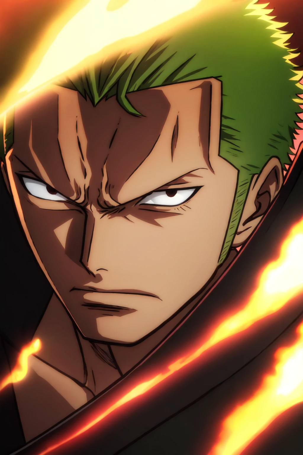 1boy, wanostyle, roronoa_zoro, angry looking, katana, looking_at_viewer, lefteye is closed, solo, upper_body, (((masterpiece))), ((best quality)), (extremely detailed), watercolor, illustration, depth of field, sketch, dark intense shadows, sharp focus, soft lighting, hdr, colorful, good composition, purple fire all around, spectacular, green_hair, scar one left eye