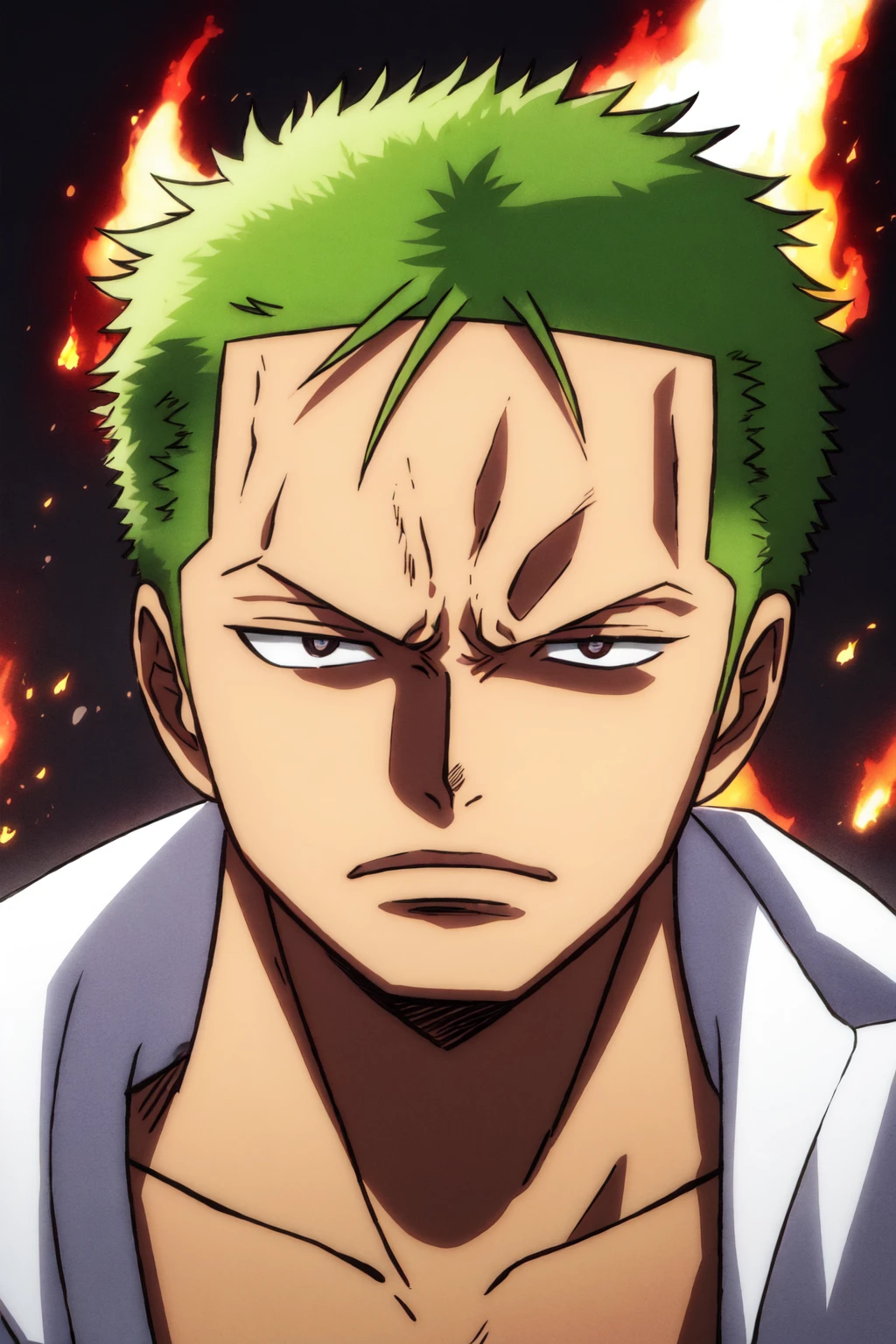 1boy, wanostyle, roronoa_zoro, angry looking, katana, looking_at_viewer, lefteye is closed, solo, upper_body, (((masterpiece))), ((best quality)), (extremely detailed), watercolor, illustration, depth of field, sketch, dark intense shadows, sharp focus, soft lighting, hdr, colorful, good composition, purple fire all around, spectacular, green_hair, scar one left eye